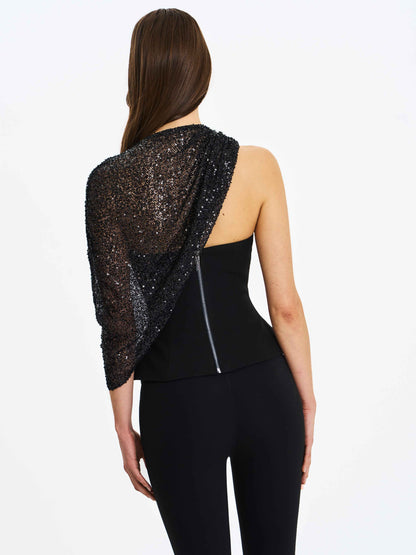 Quinette Black Peplum Top with Beaded Asymmetrical Cape