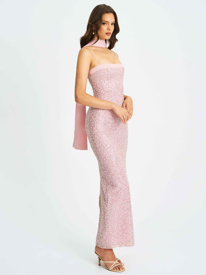 Raizel Pink Beaded Sequin Bodycon Gown with Scarf