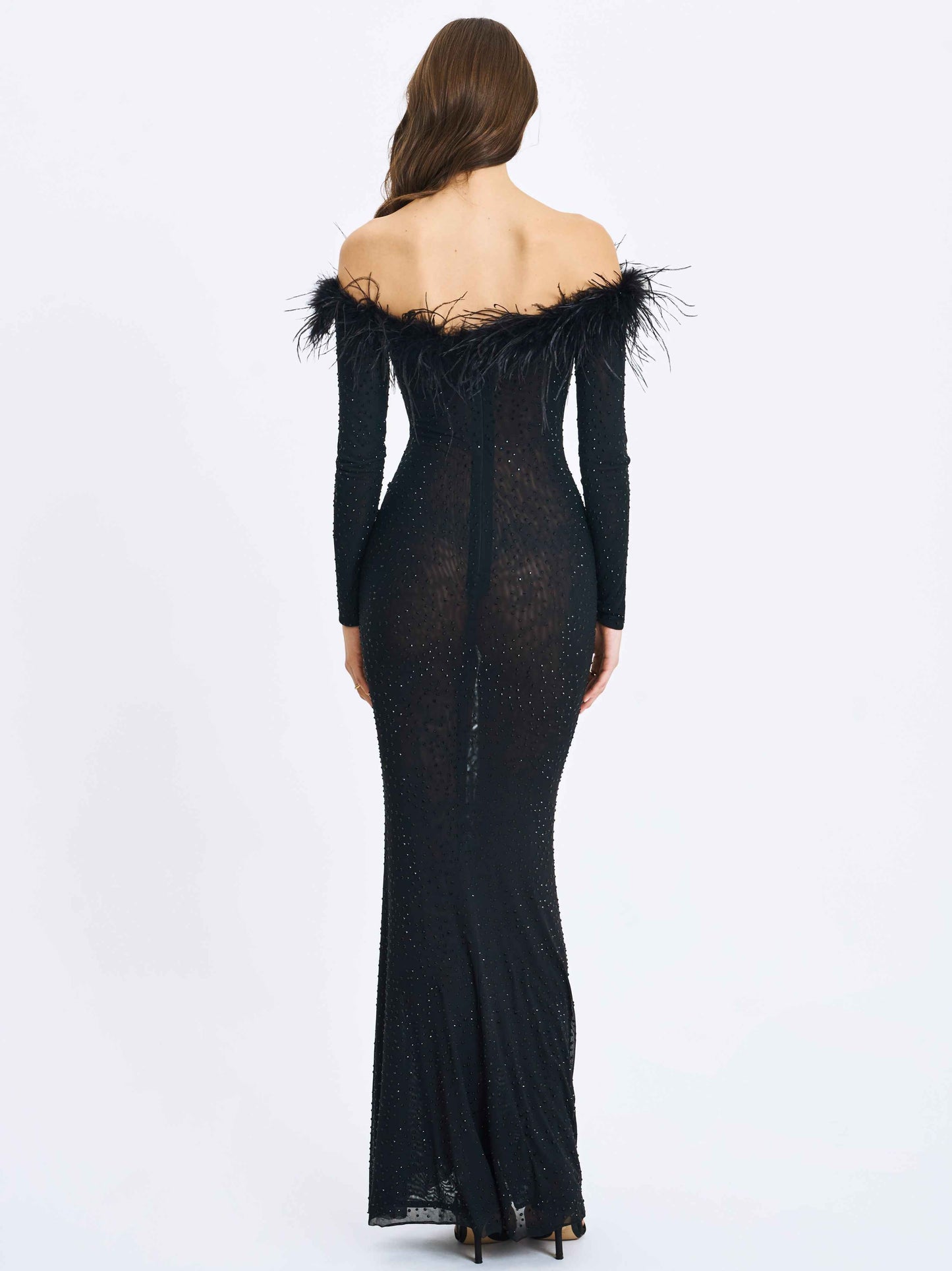 Emberly Black Fur Trimmed Off-Shoulder Rhinestone Mermaid Maxi Dress