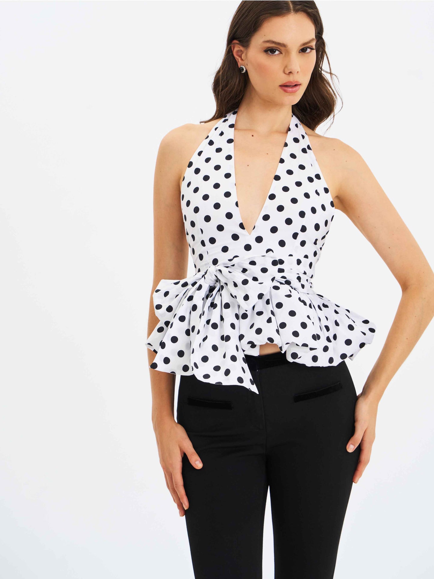 Ilene White and Black Polka Dot Bubble Hem Halter Top