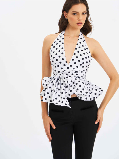 Ilene White and Black Polka Dot Bubble Hem Halter Top