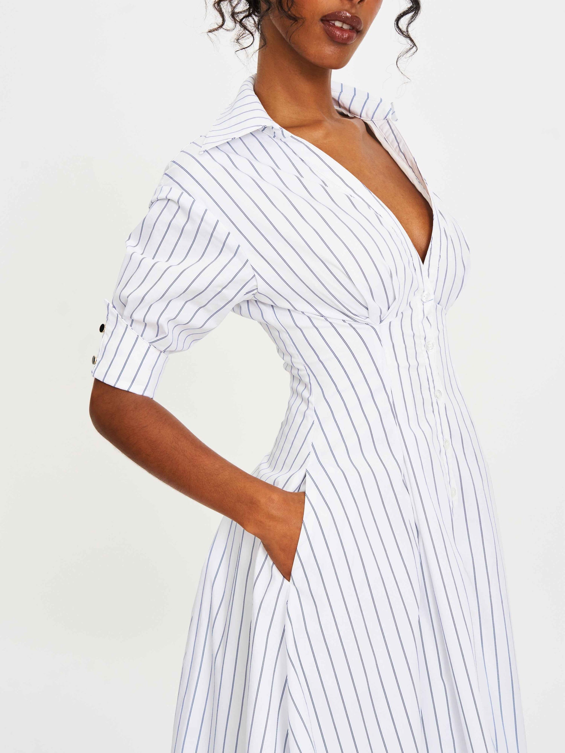 Palina Pinstripes Cotton Poplin Pleated Midi Preppy Shirt Dress