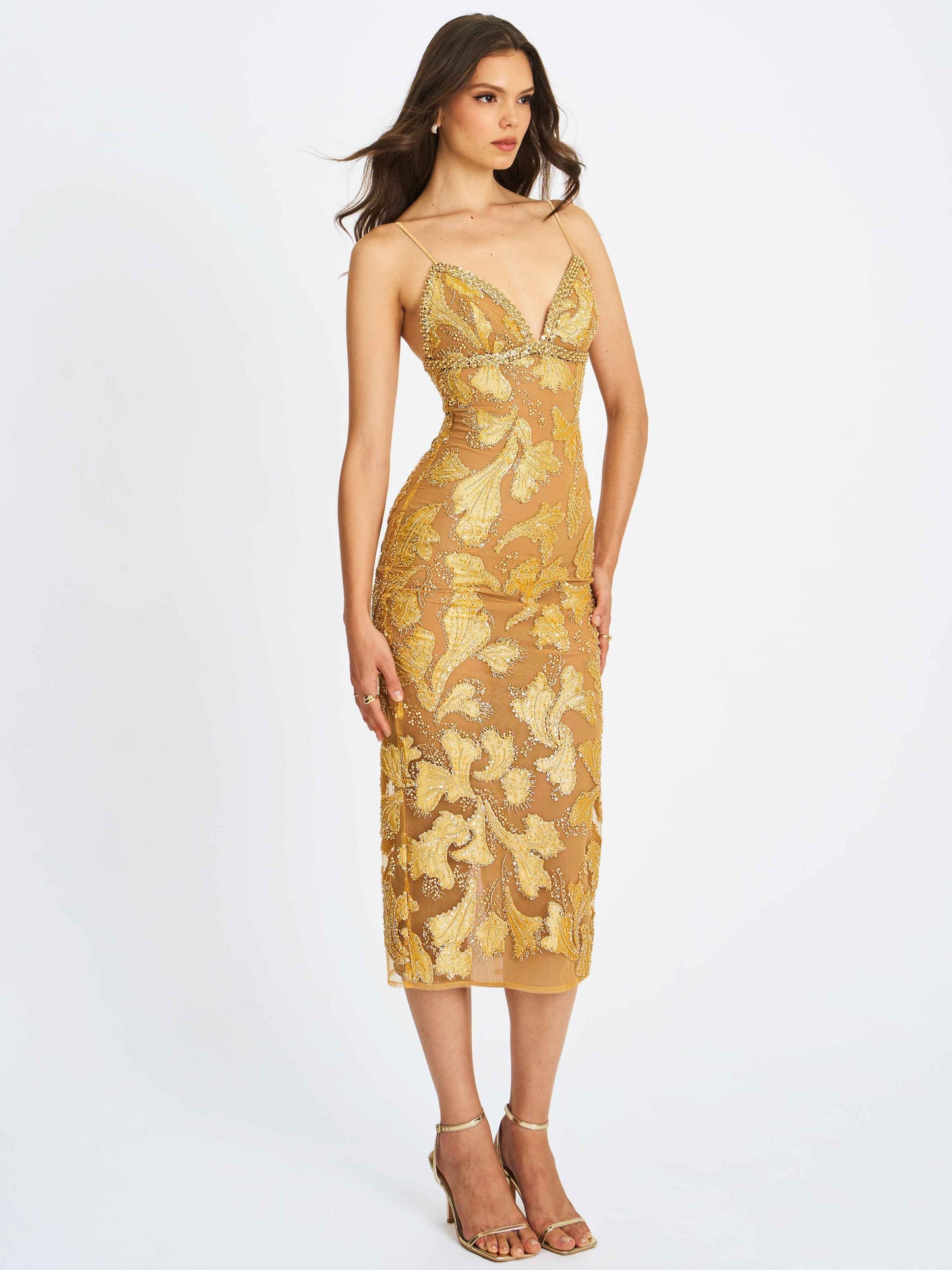 Edie Gold Beaded Sequin Midi Pencil Dress