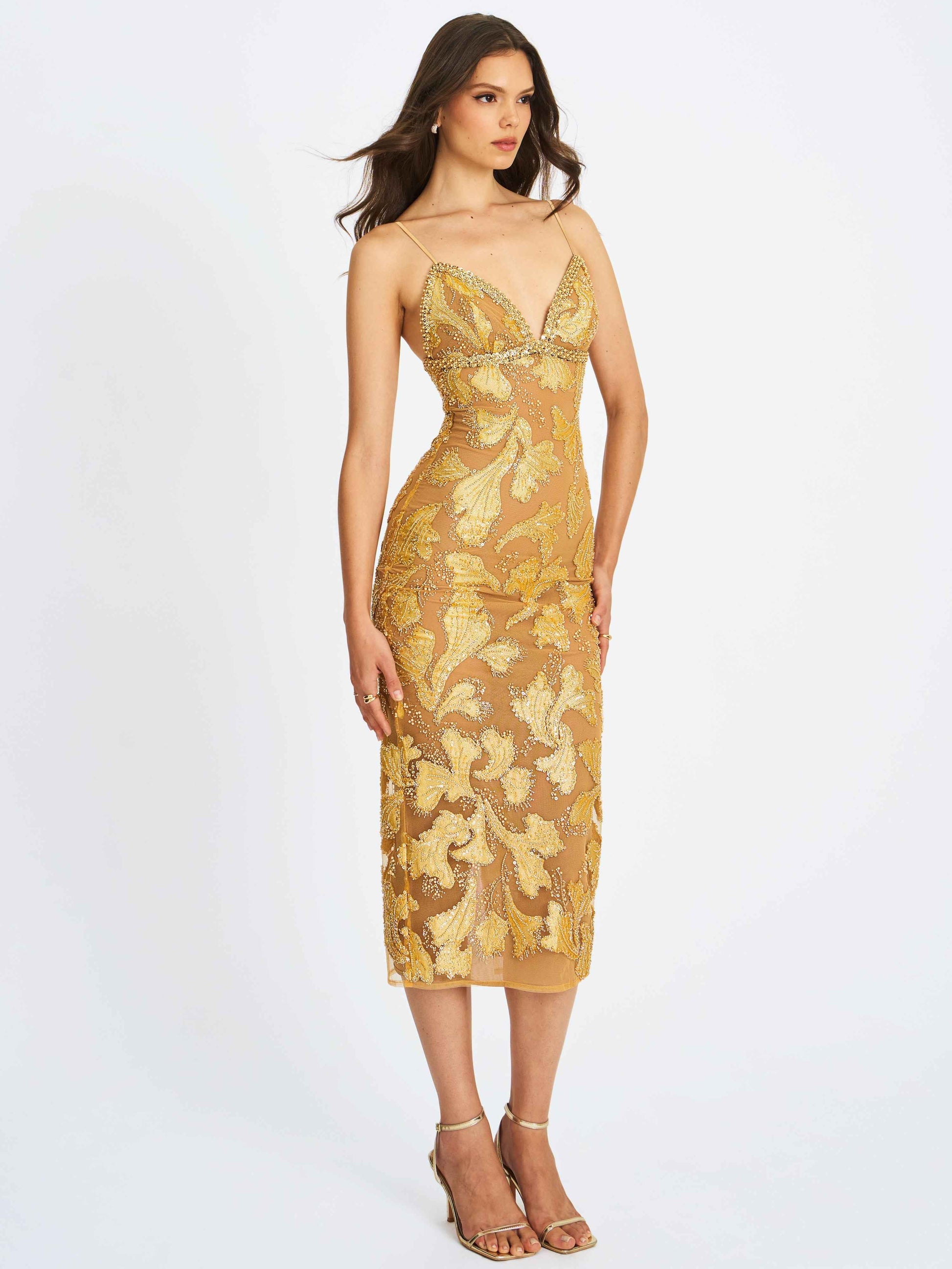 Edie Gold Beaded Sequin Midi Pencil Dress
