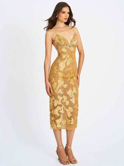 Edie Gold Beaded Sequin Midi Pencil Dress