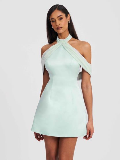 Zafrina Light Cyan Halter Off-shoulder Backless Mini Dress