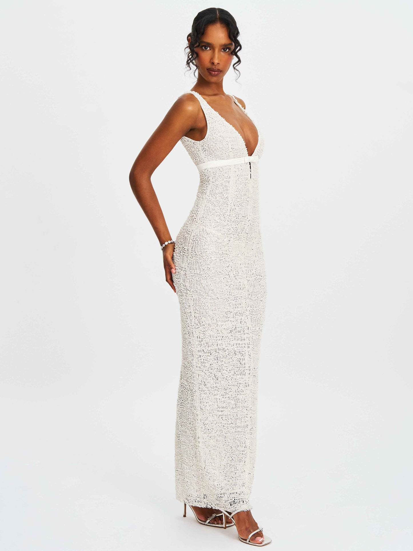 Adelaide White Beaded Sequin Net Bodycon Gown