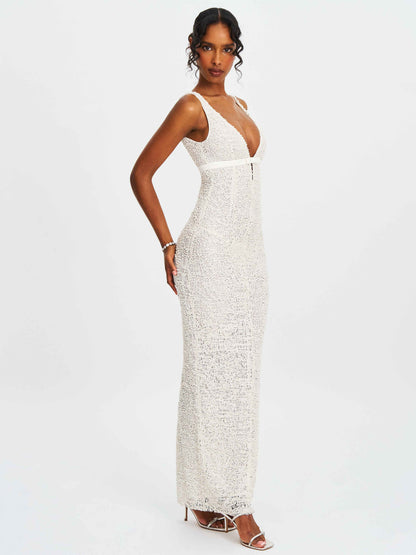 Adelaide White Beaded Sequin Net Bodycon Gown