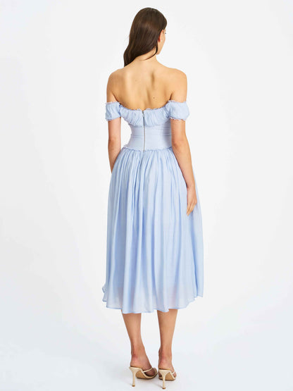 Xavy Baby Blue Off Shoulder Corset Midi Dress