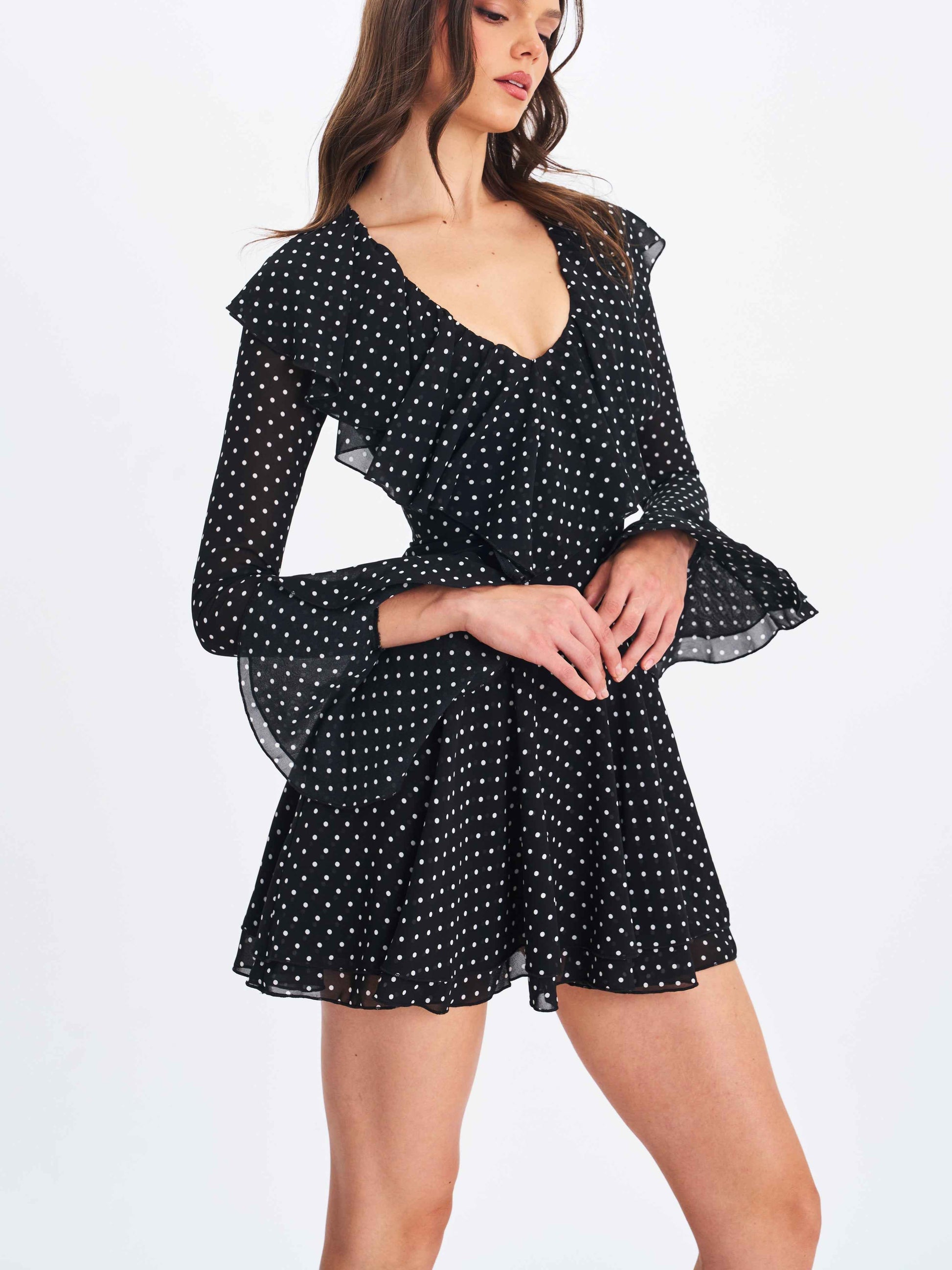 Omari Black Chiffon Polka Dot Ruffled Neckline Mini Dress