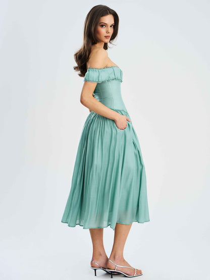 Xavy Teal Green Off Shoulder Corset Midi Dress