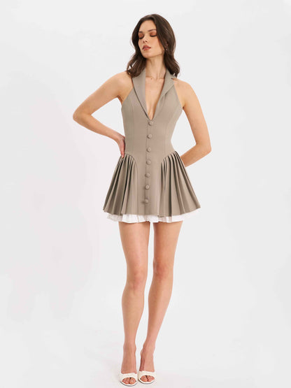 Hazel Brown Preppy Halter Neck Pleated Mini Dress