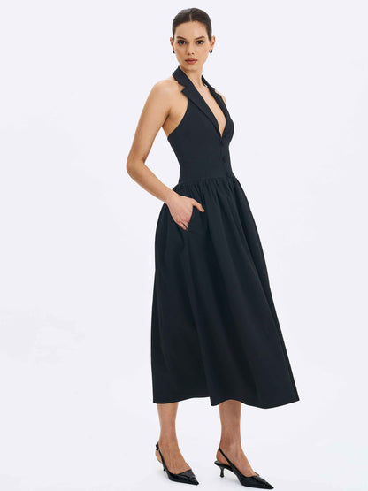 Delaney Black Lapel Halter Midi A-Line Dress