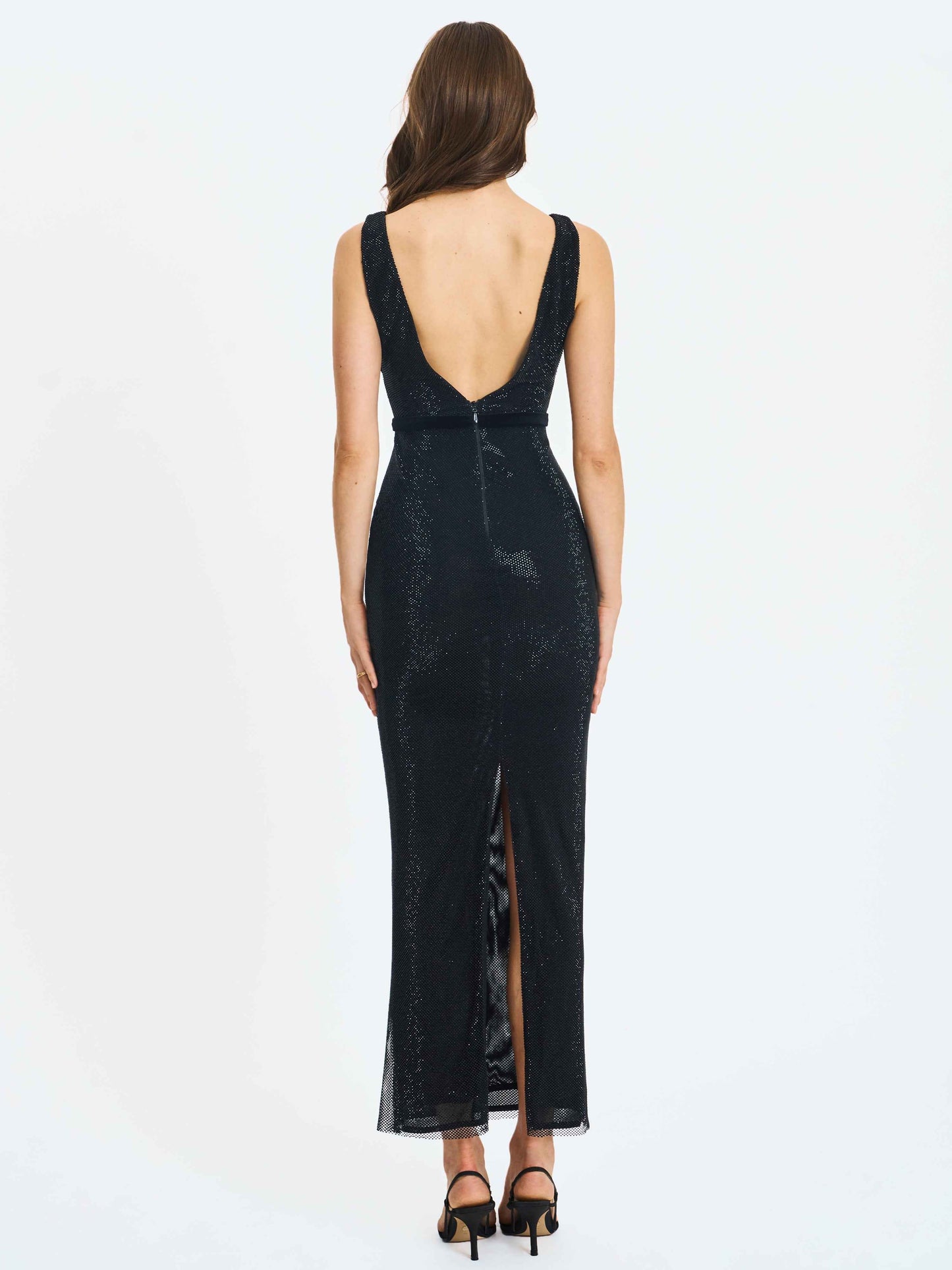 Olympia Black Belted Bow Plunging Rhinestone Maxi Dress