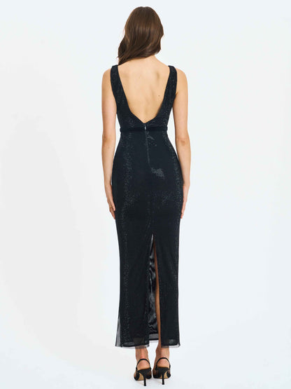 Olympia Black Belted Bow Plunging Rhinestone Maxi Dress