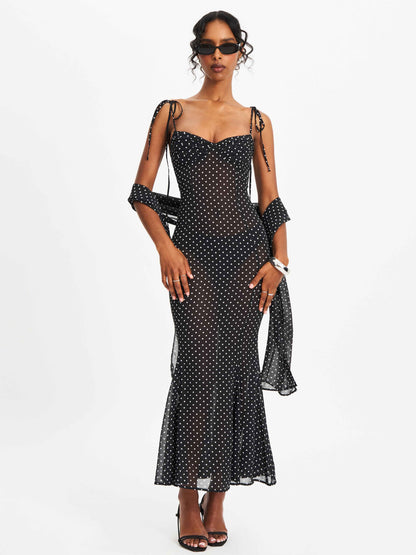 Yadira Black Base Polka Dot Chiffon Maxi Dress