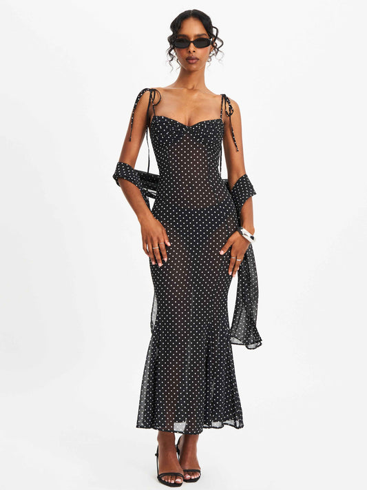 Yadira Black Base Polka Dot Chiffon Maxi Dress