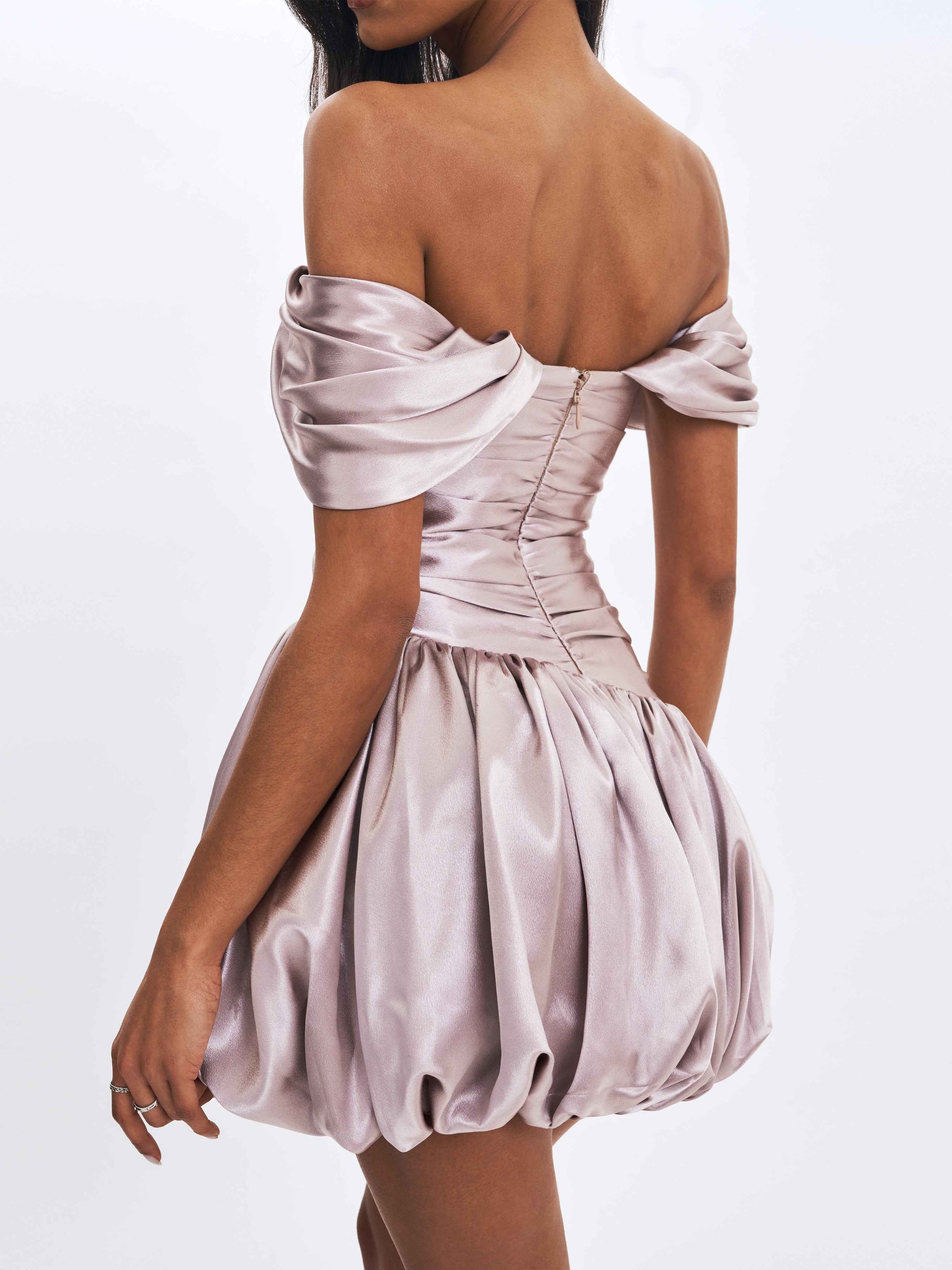 Milena Champagne Ruched Asymmetrical Bubble Mini Dress
