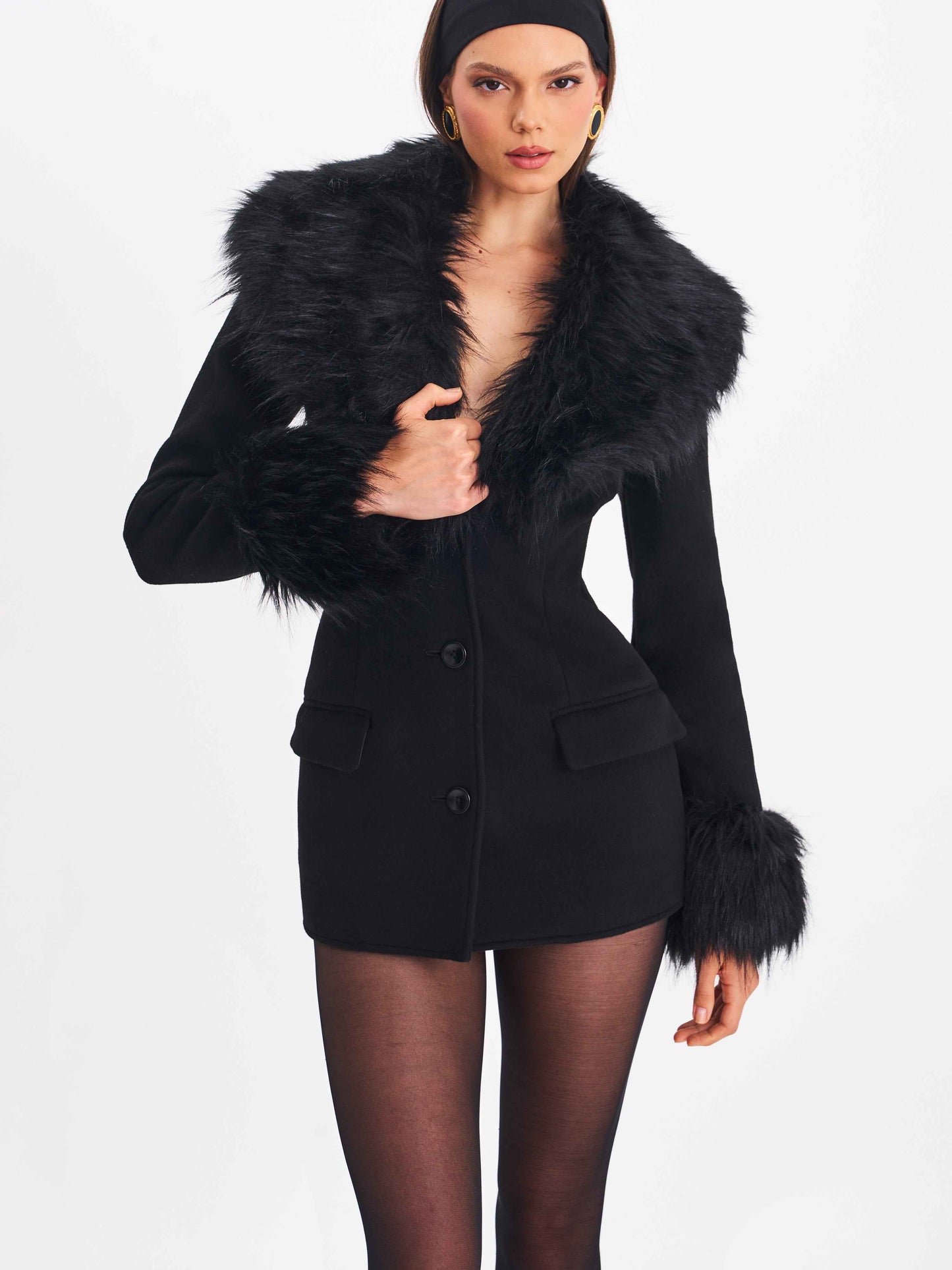 Hailee Black Single Breasted Wool Blend Mini Coat with Removable Fur Lapel