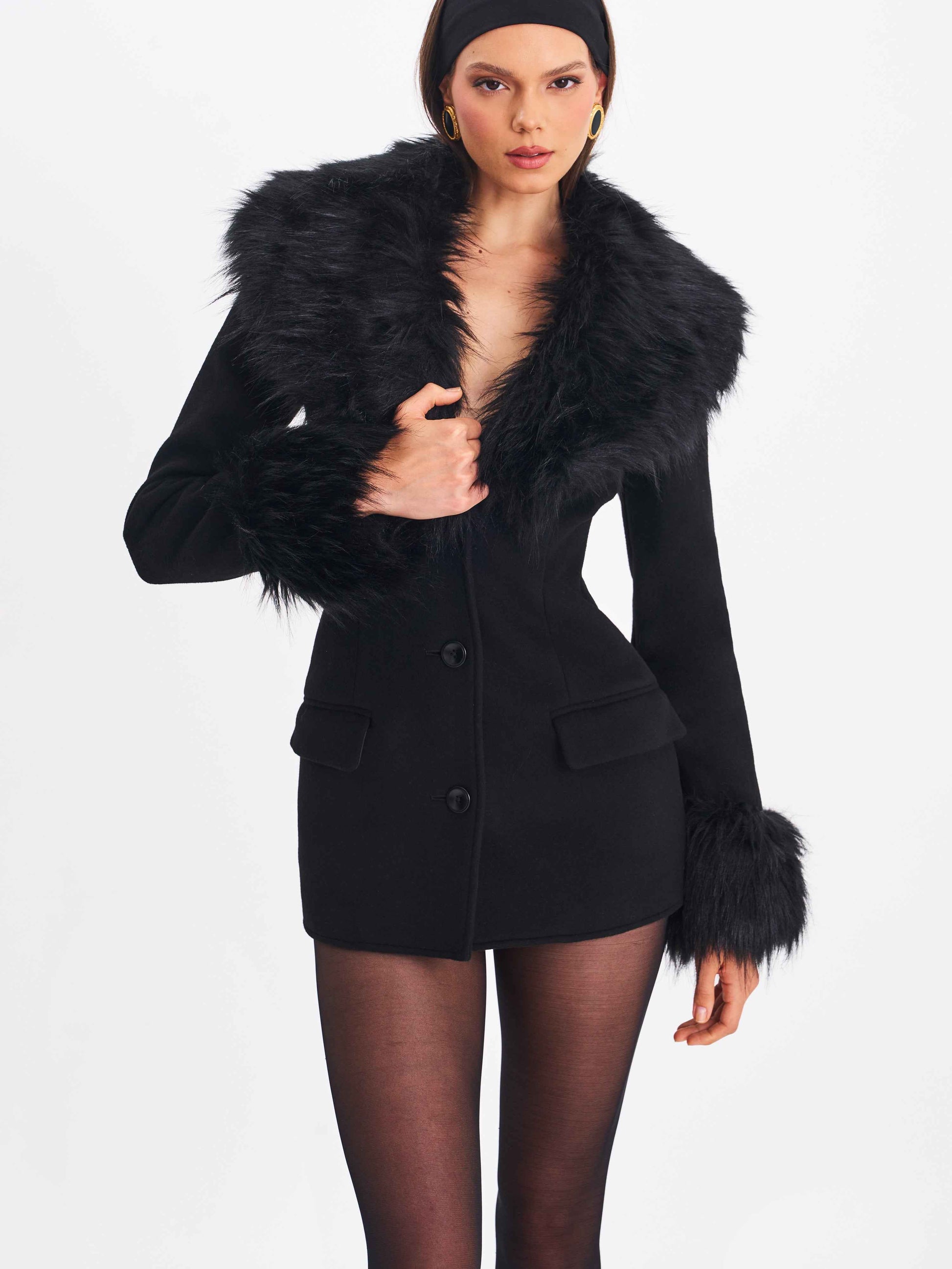 Hailee Black Single Breasted Wool Blend Mini Coat with Removable Fur Lapel