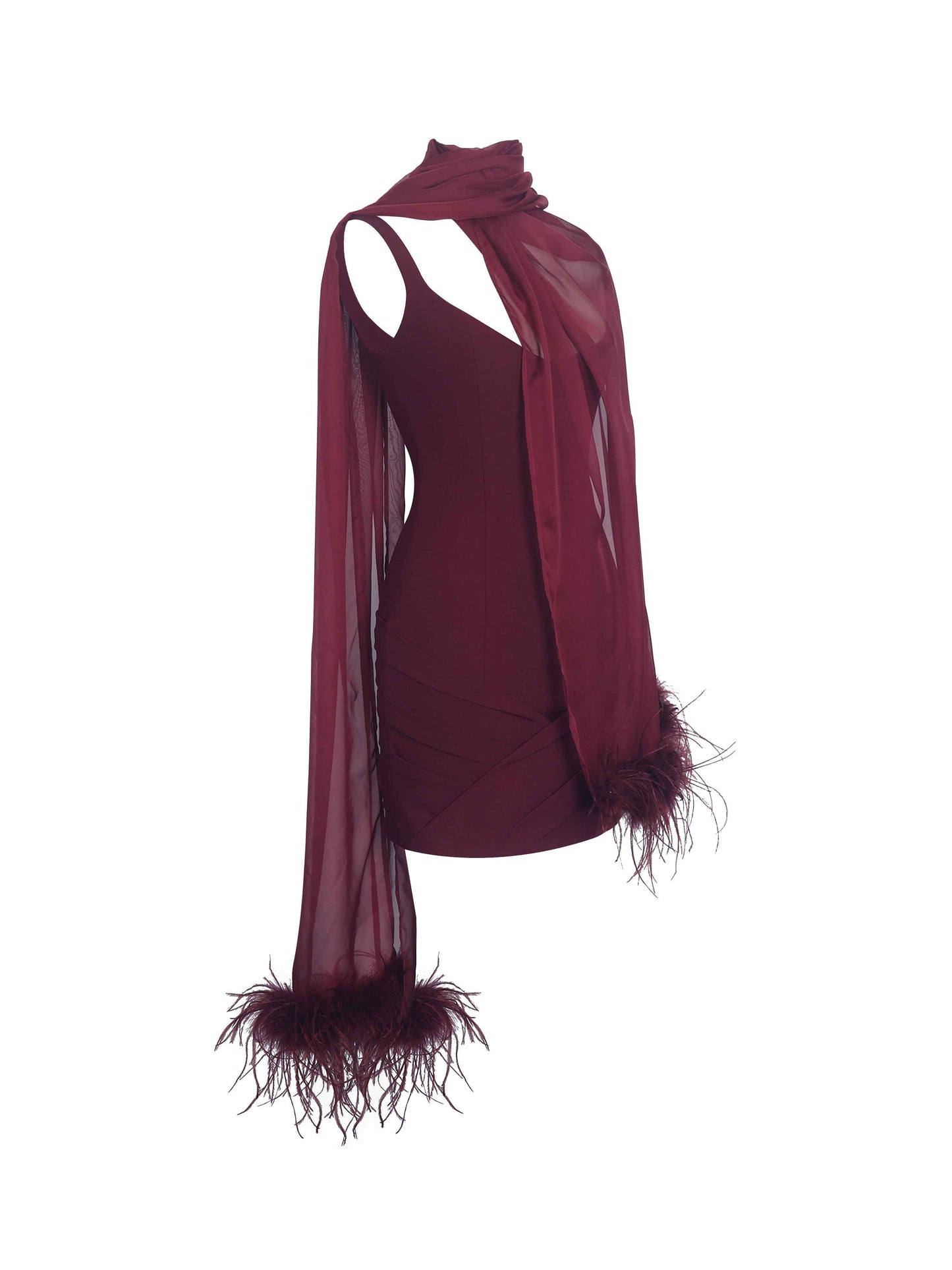 Tori Wine Red Pleated Mini Dress with Chiffon Scarf