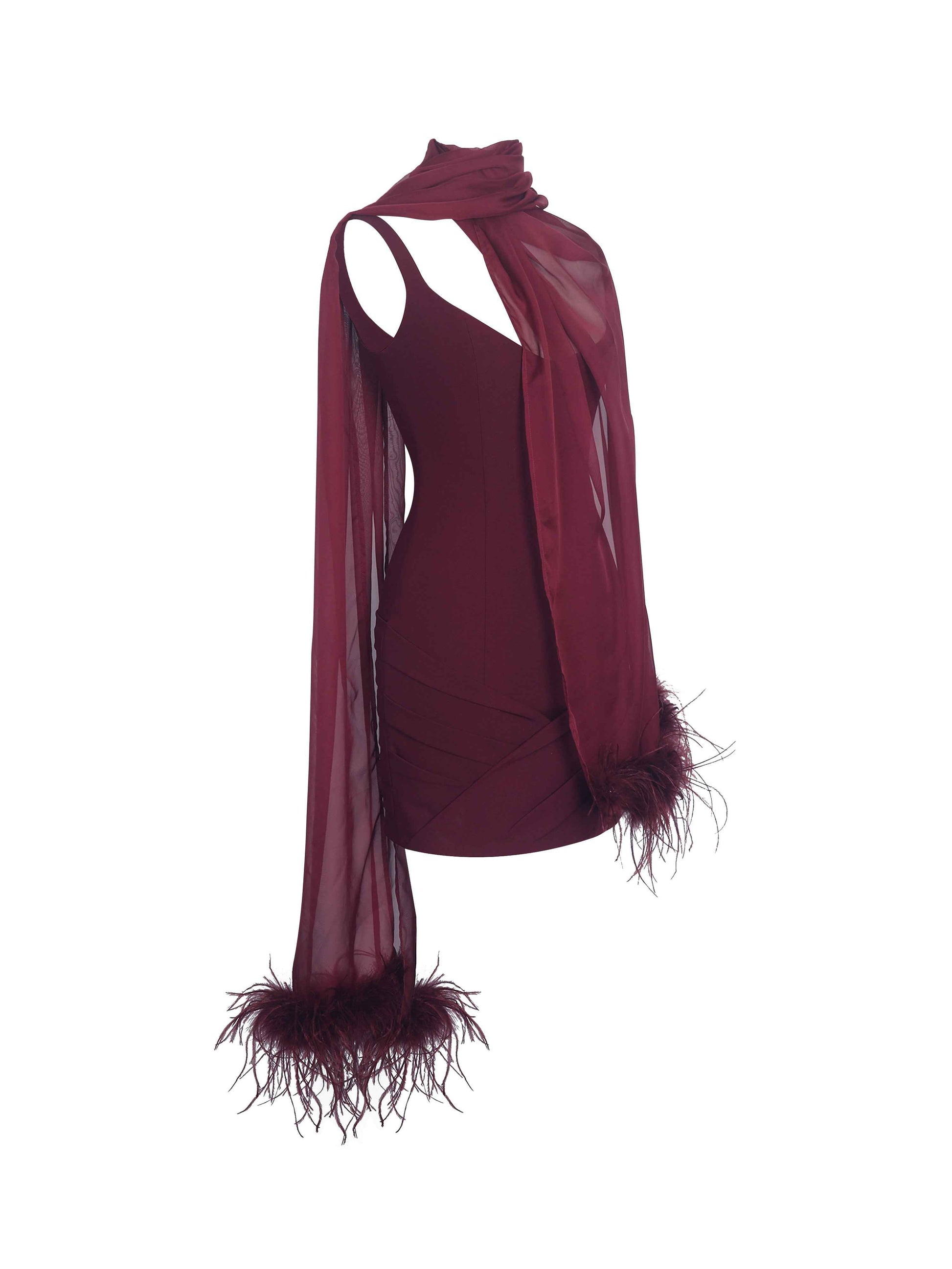 Tori Wine Red Pleated Mini Dress with Chiffon Scarf