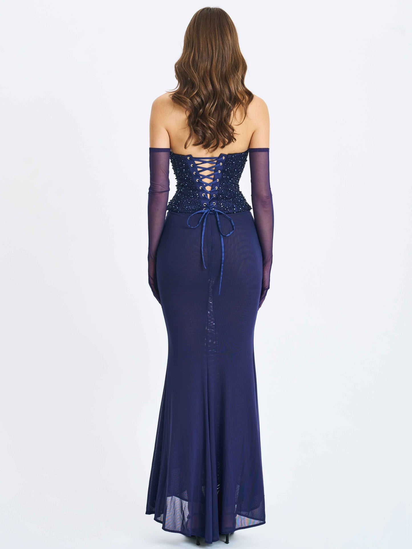 Orabelle Navy Beaded Peplum Mermaid Maxi Gown with Lace-up Back