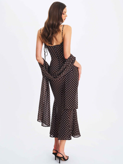 Yadira Brown Base Polka Dot Chiffon Maxi Dress