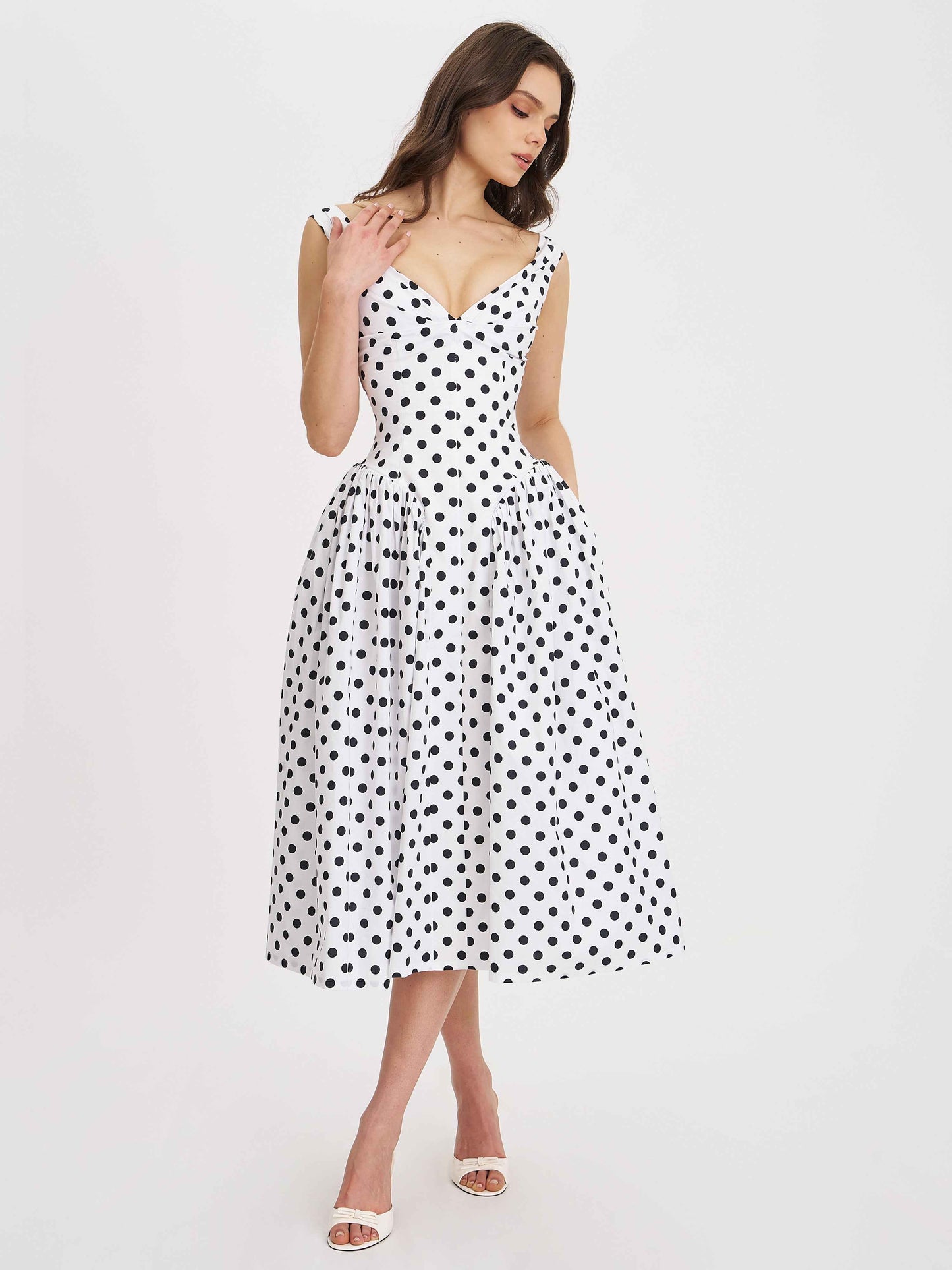 Rahma Polka Dot Drop Waist Midi Cotton Poplin Dress