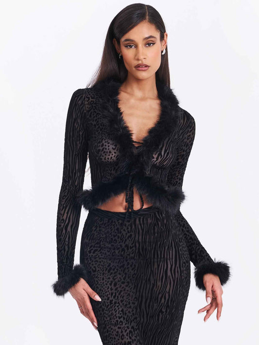 Hali Black Animal Print Burnout Velvet Fur Trim Top