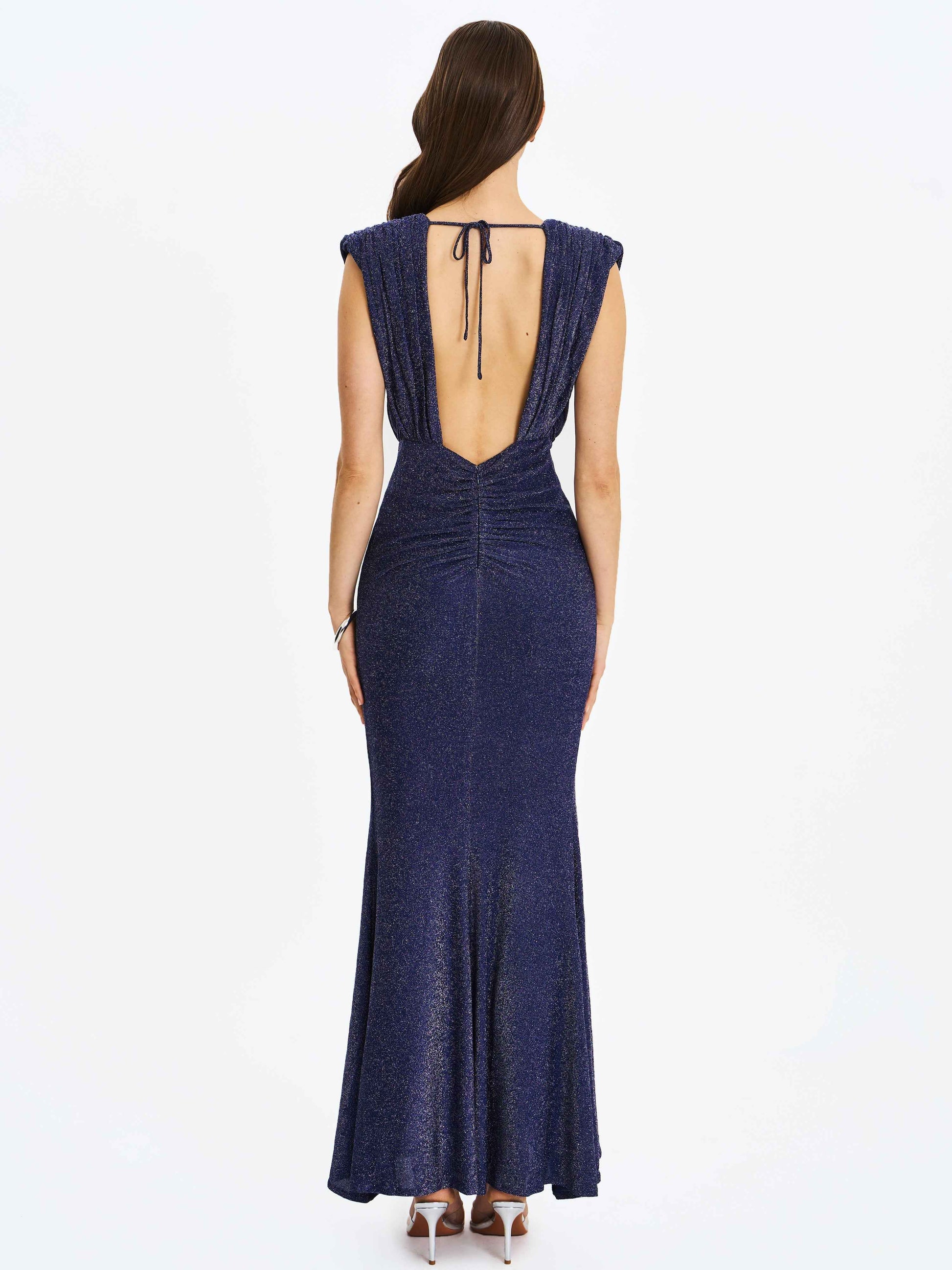Terri Navy Sparkle Plunging Backless Maxi Dress