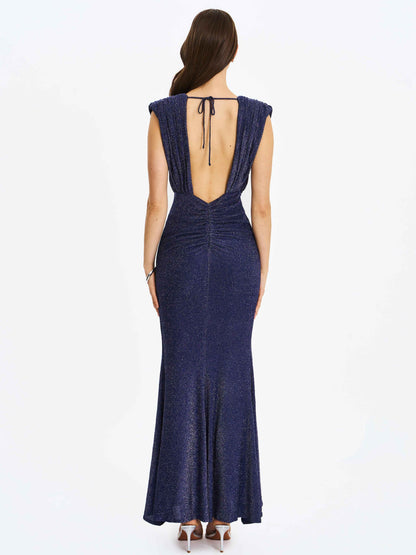 Terri Navy Sparkle Plunging Backless Maxi Dress