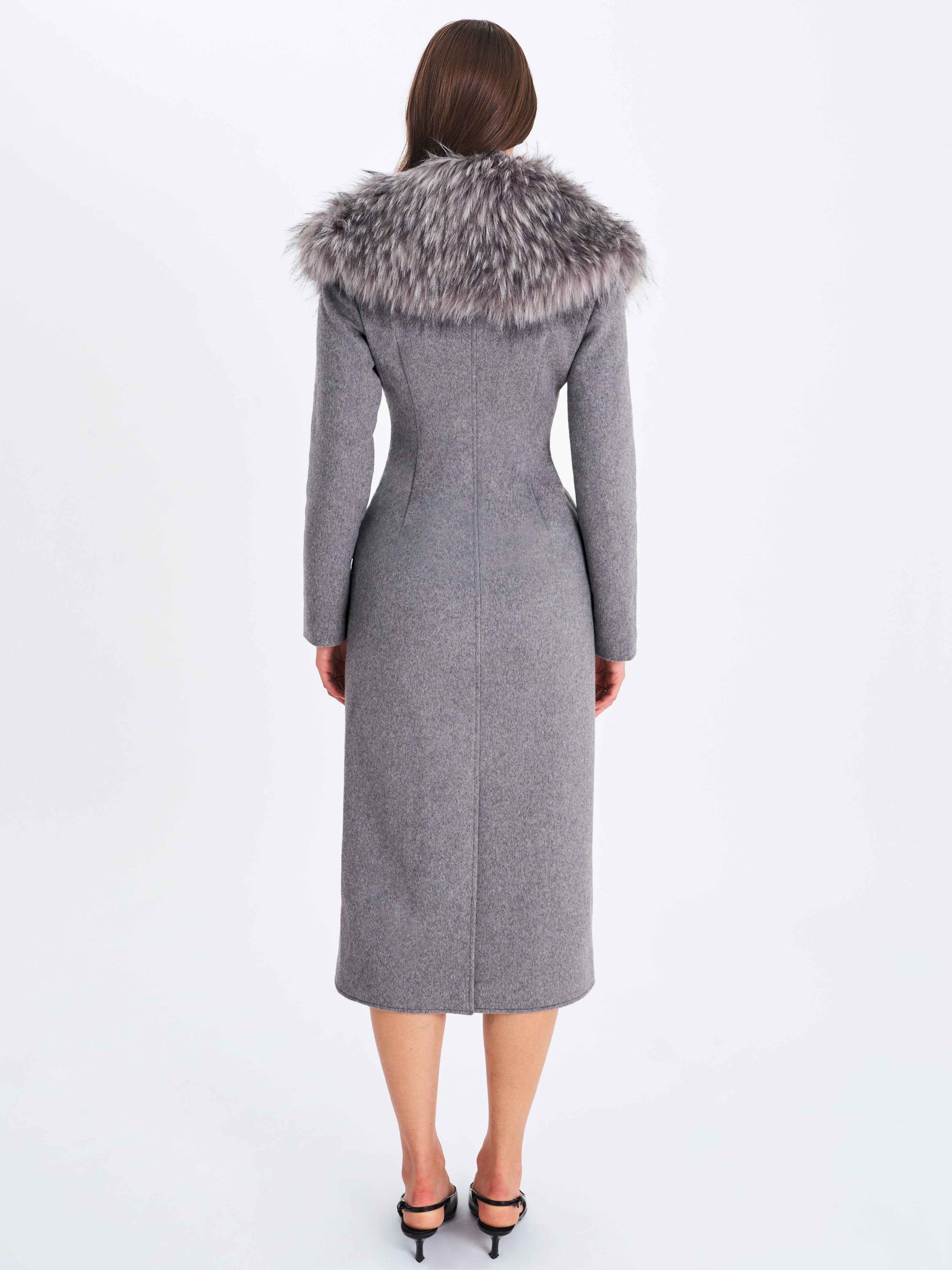 Faye Grey Wool Blend Single-Breasted Coat with Removable Faux Fur Collar