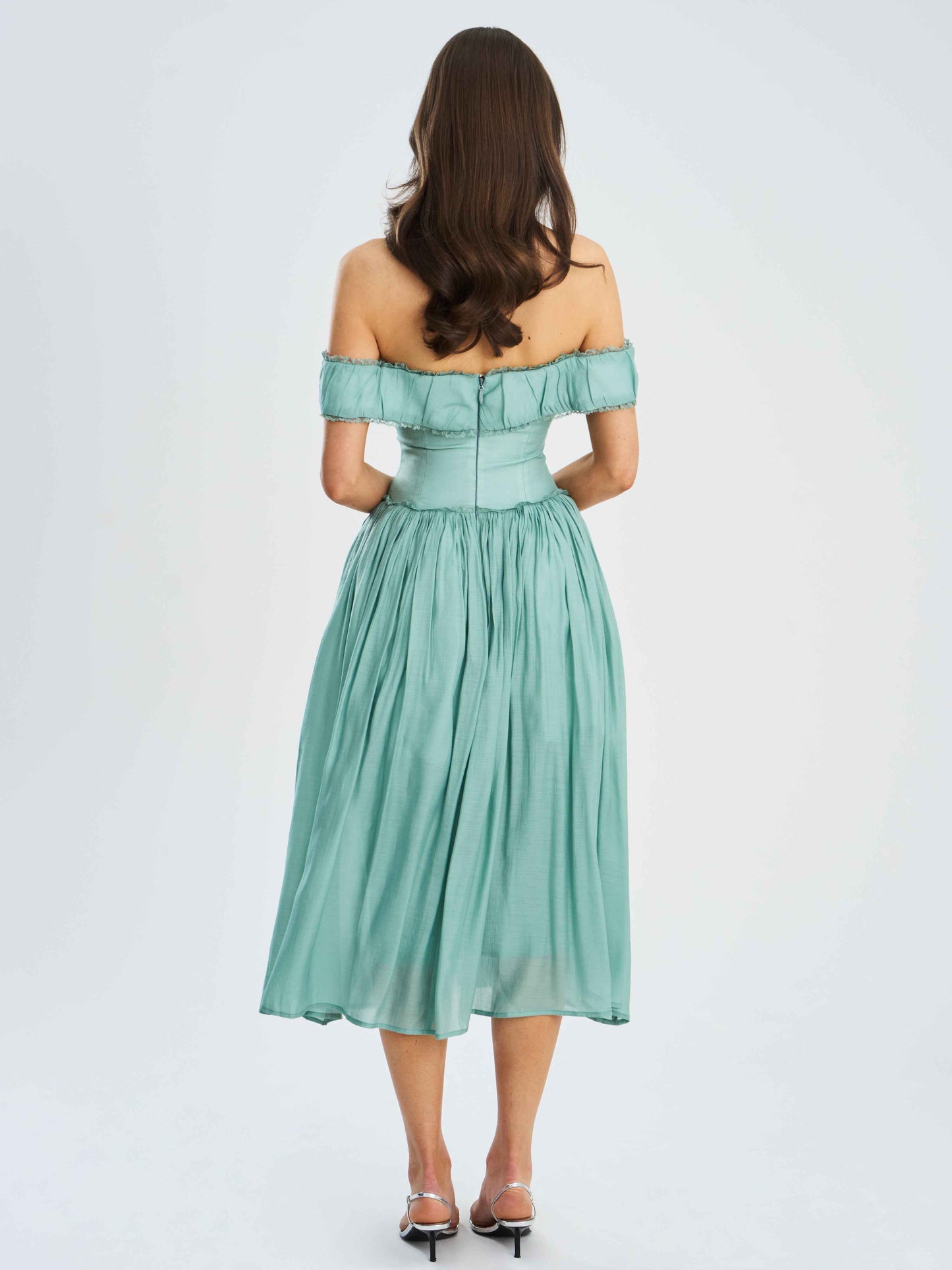 Xavy Teal Green Off Shoulder Corset Midi Dress