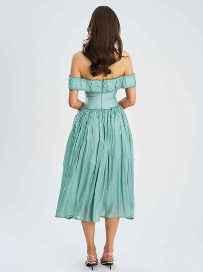 Xavy Teal Green Off Shoulder Corset Midi Dress
