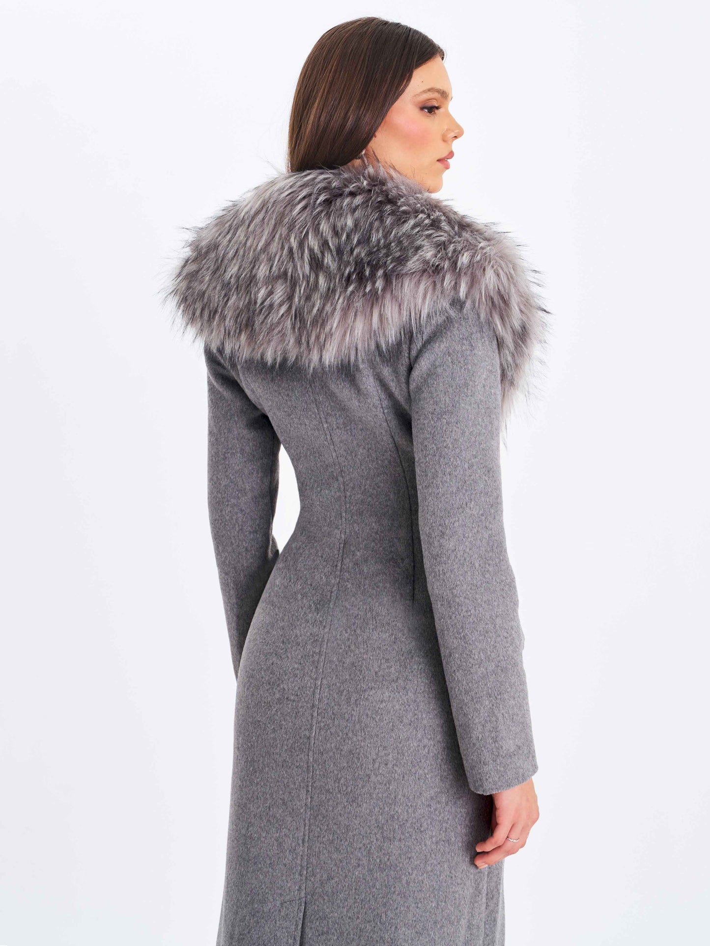 Faye Grey Wool Blend Single-Breasted Coat with Removable Faux Fur Collar