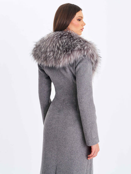Faye Grey Wool Blend Single-Breasted Coat with Removable Faux Fur Collar