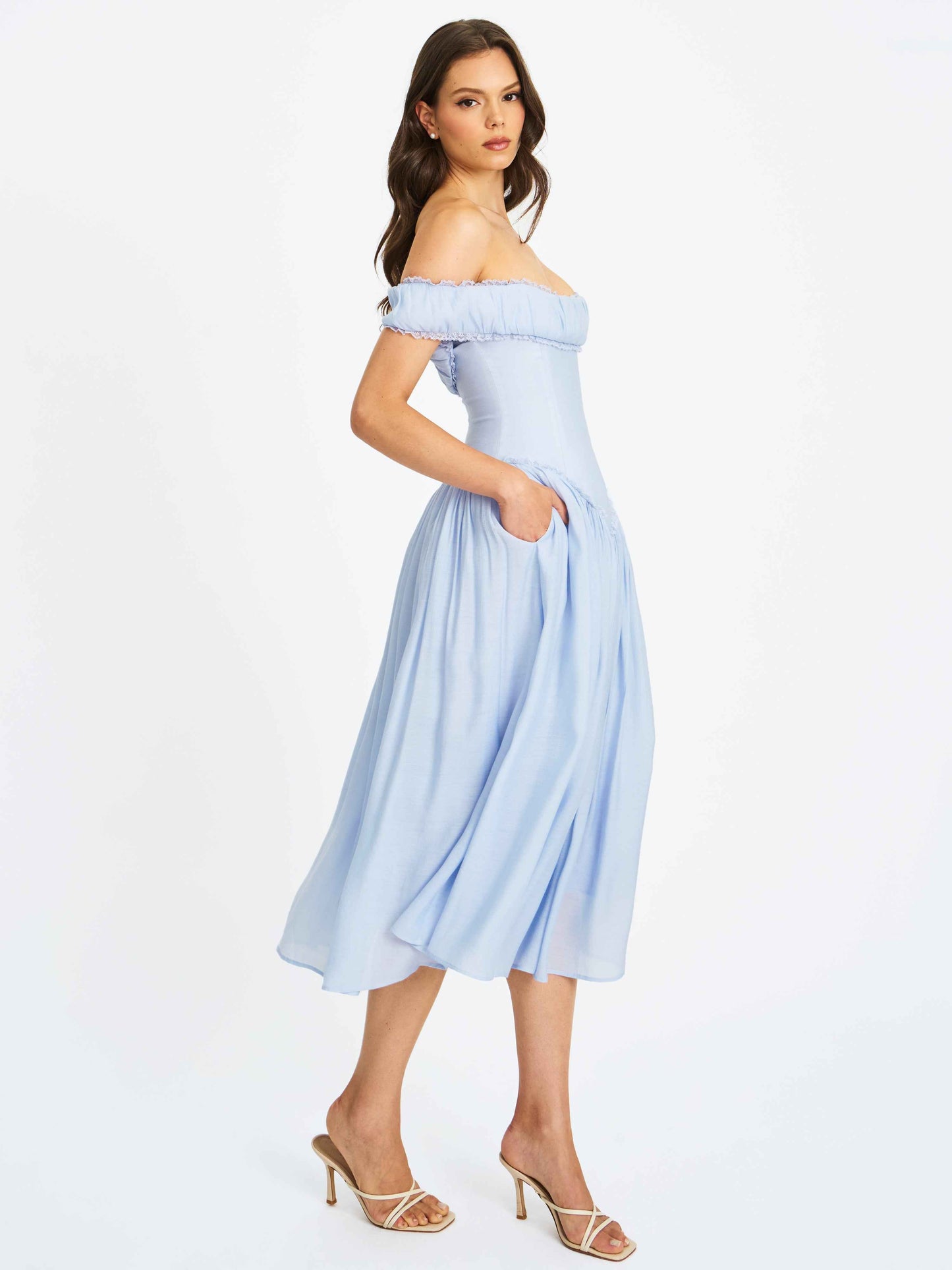 Xavy Baby Blue Off Shoulder Corset Midi Dress