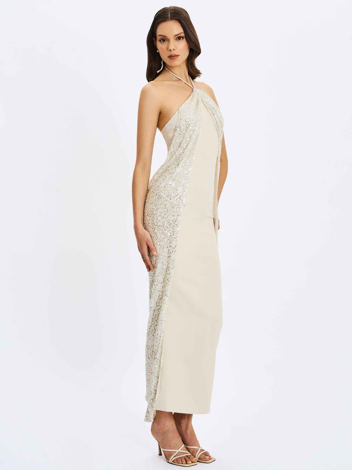 Quimera Almond Beaded Cape Halter Off-Shoulder Maxi Gown