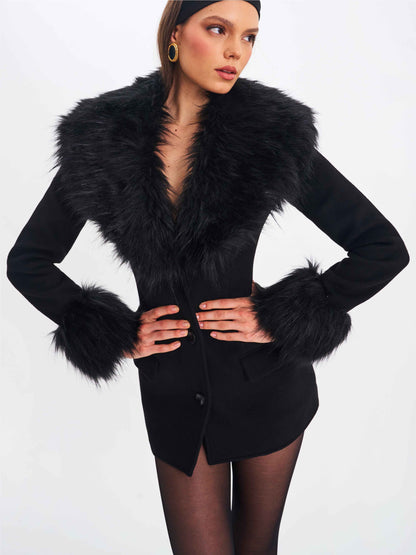 Hailee Black Single Breasted Wool Blend Mini Coat with Removable Fur Lapel