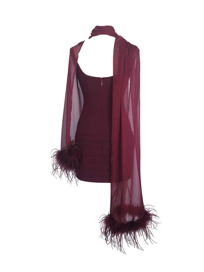 Tori Wine Red Pleated Mini Dress with Chiffon Scarf