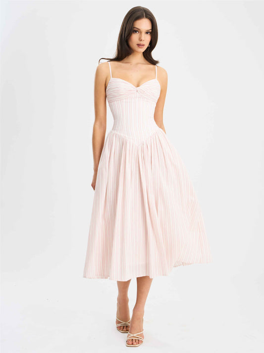 Zania Pink Stripe Ruched Breast Cotton Jacquard Midi Dress