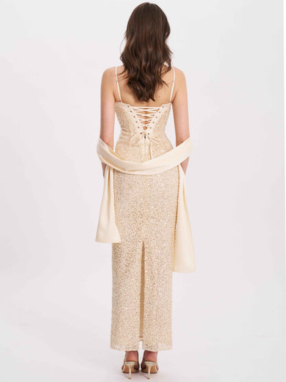 Raizel Gold Beaded Sequin Bodycon Gown with Scarf