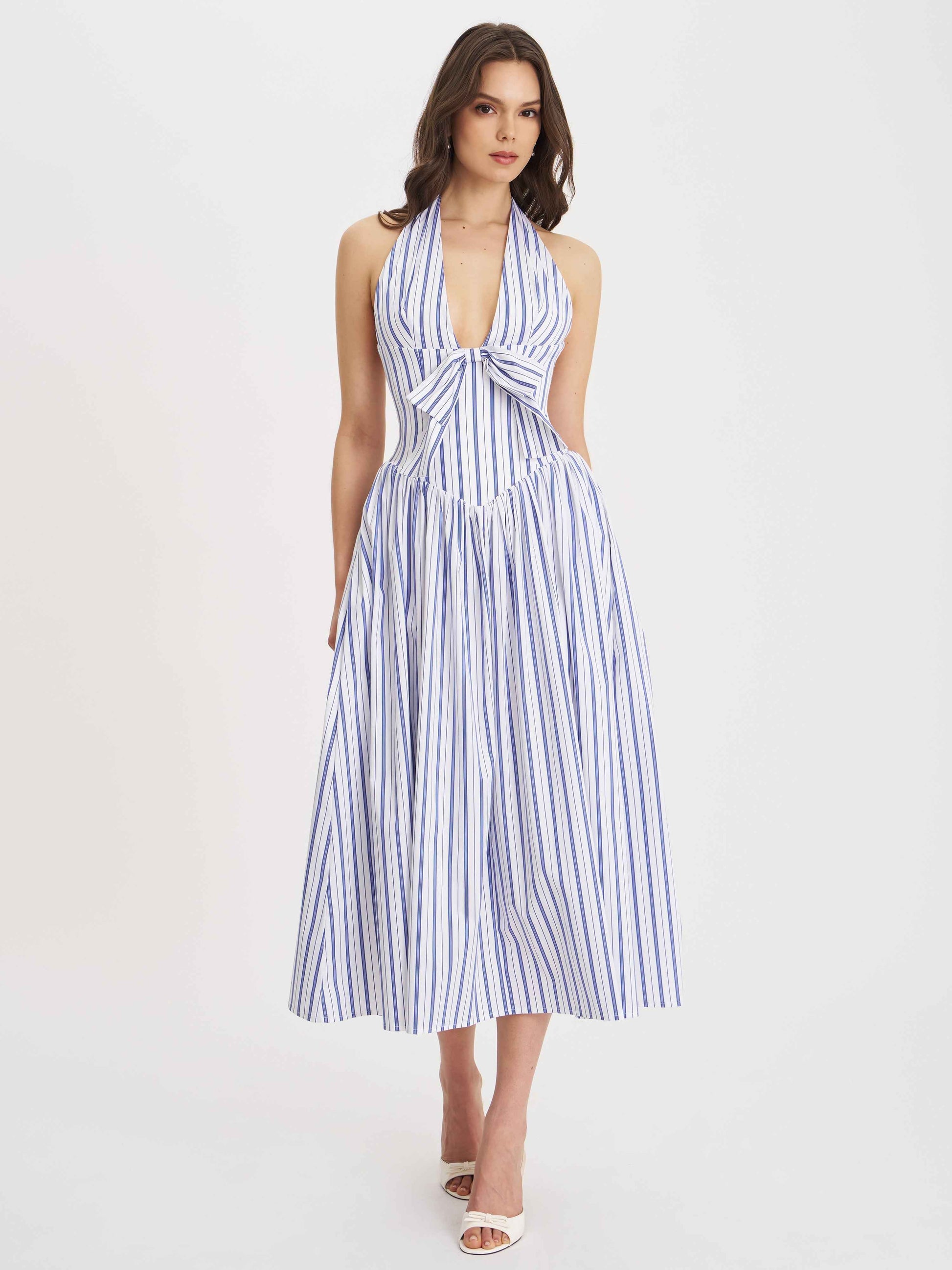 Mackenna Navy Stripe Halter Smock Back Maxi Dress