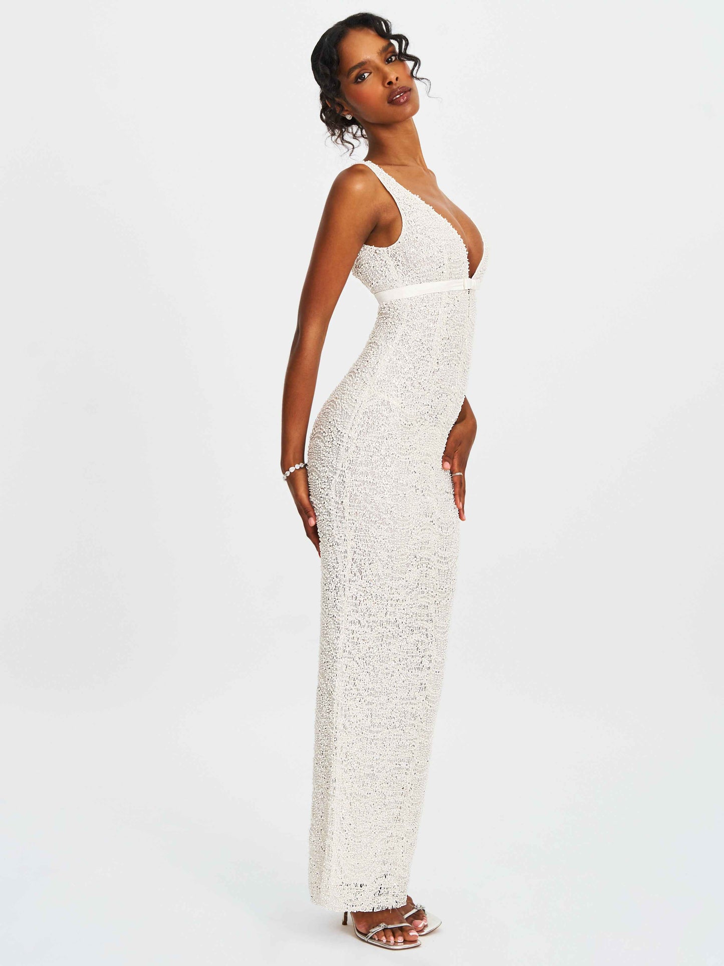 Adelaide White Beaded Sequin Net Bodycon Gown