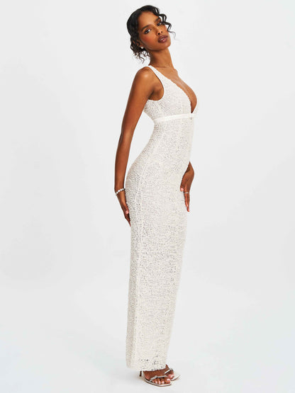Adelaide White Beaded Sequin Net Bodycon Gown