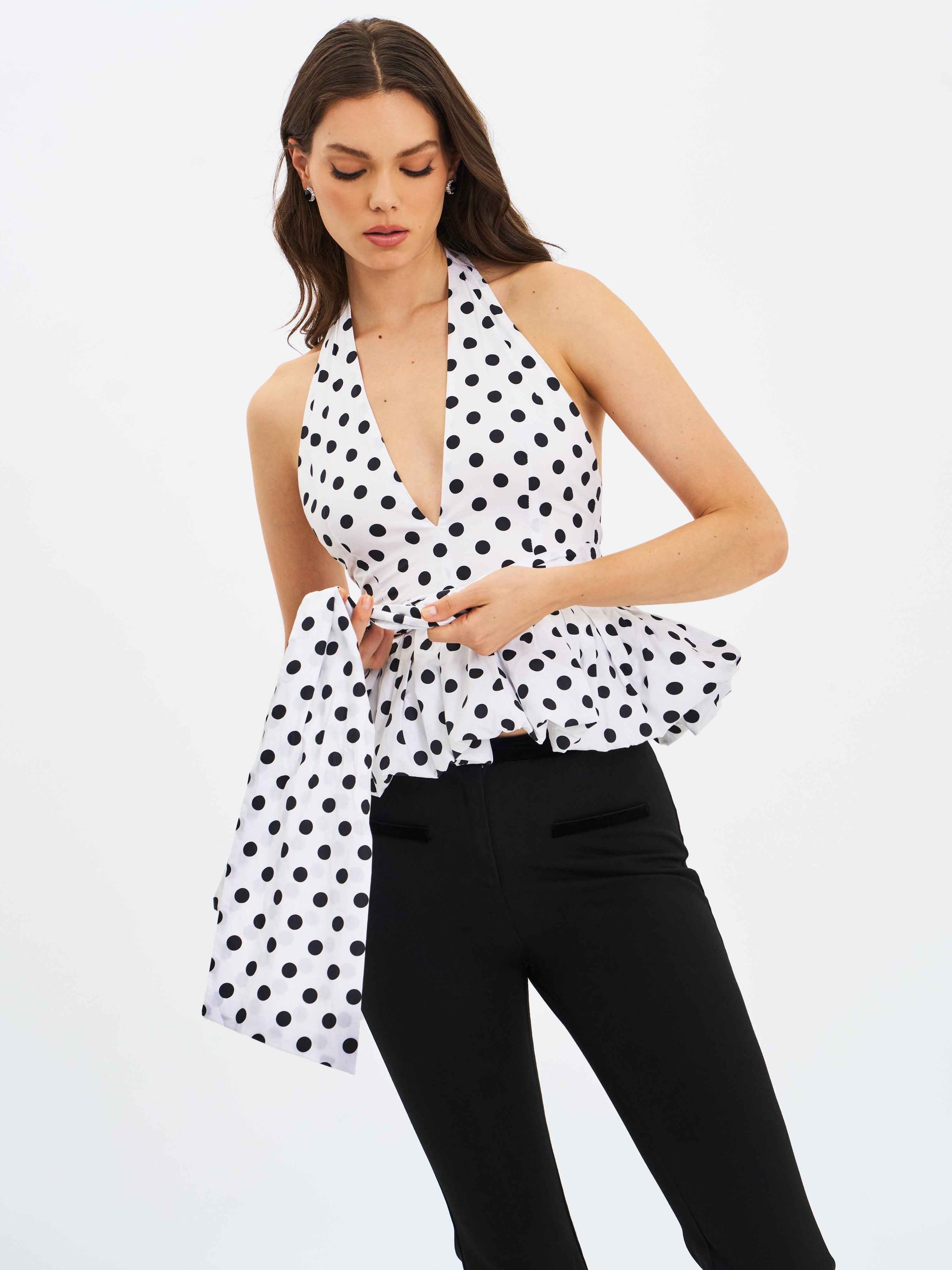 Ilene White and Black Polka Dot Bubble Hem Halter Top