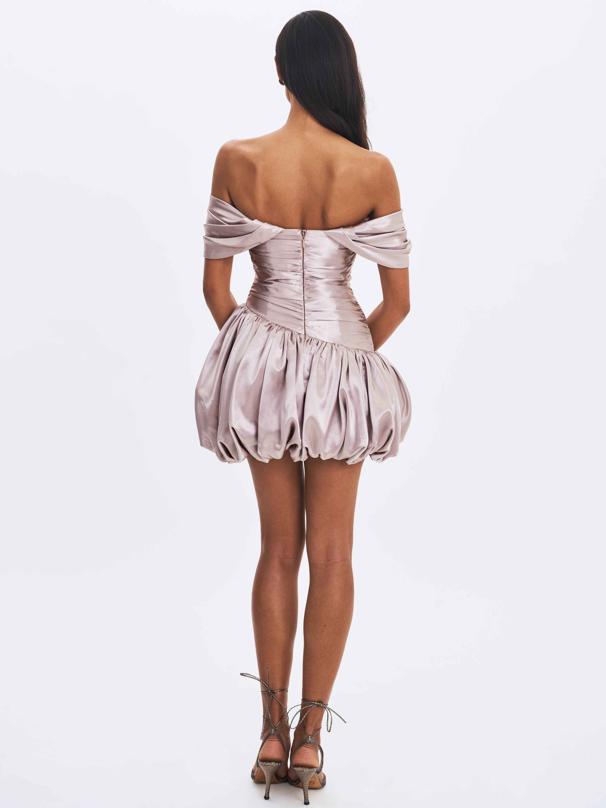 Milena Champagne Ruched Asymmetrical Bubble Mini Dress
