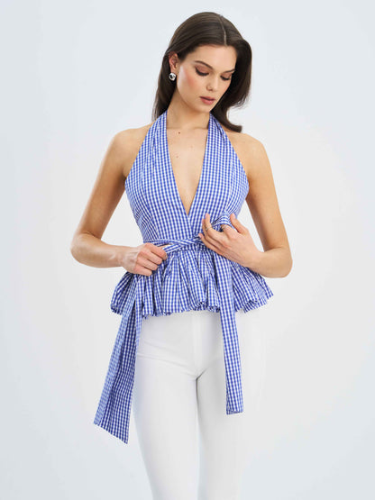 Ilene Blue and White Checkered Bubble Hem Halter Top