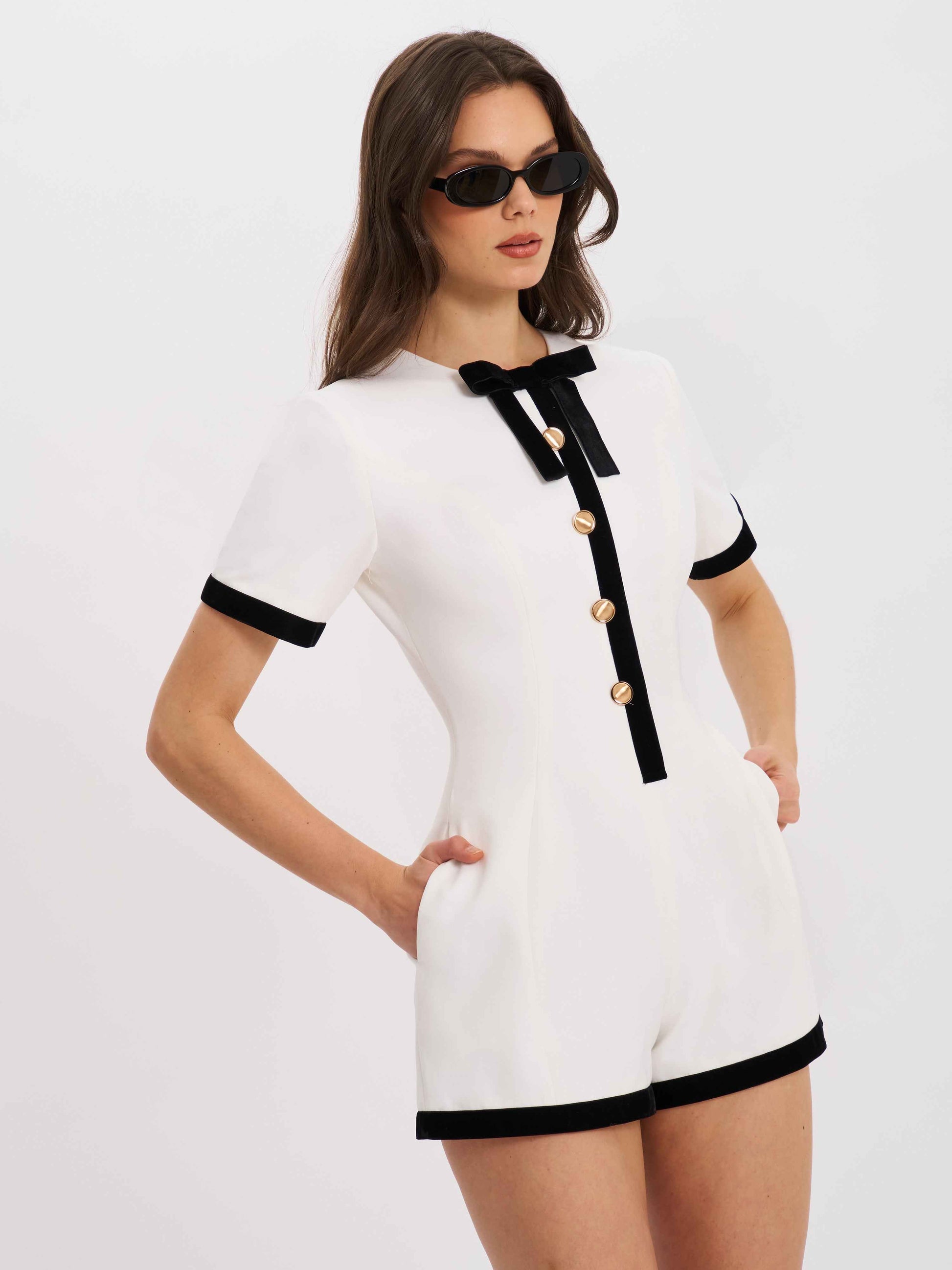 Idina Business Casual White Romper with Black Trim
